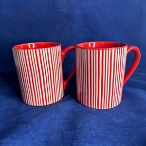 Set of 2 Food Network Coffee Tea Mug Red Ceramic Embossed Stripe Design